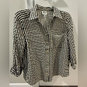 Anne Klein Black and White Striped Blouse with gold metallic